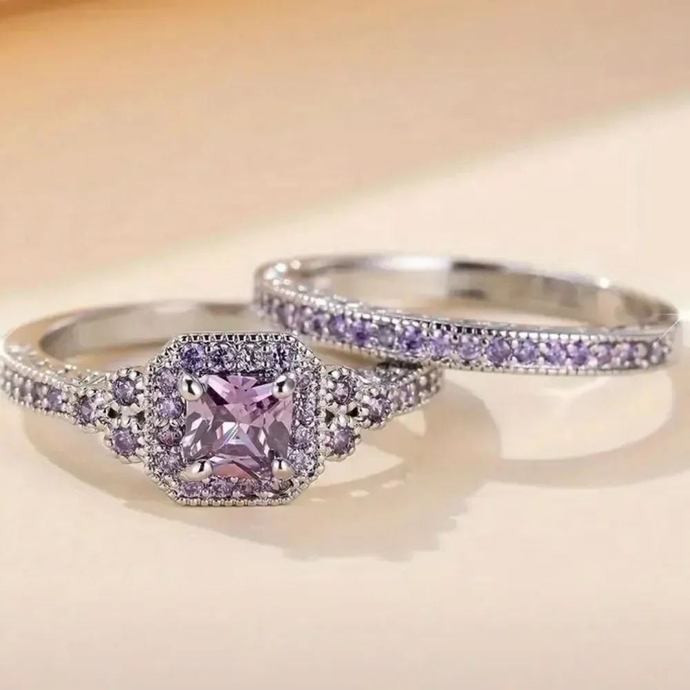 2 piece wedding set Purple and Silver Vintage-Inspired Ring Set inclusive sizes